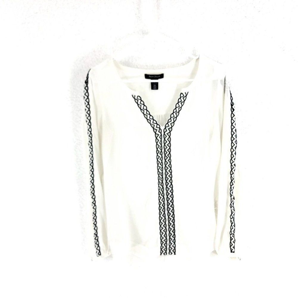 White House Black Market Sheer White Black V-Neck‎ Blouse Size 2 Polyester
